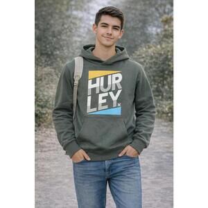 Hurley Olive Green Surf Summer Hoodie with Graphic Bold Logo Print - Youth Large